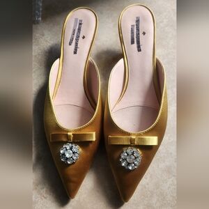 kate spade Darlene Gold Embellished Slip-On Mules with Crystal Brooch